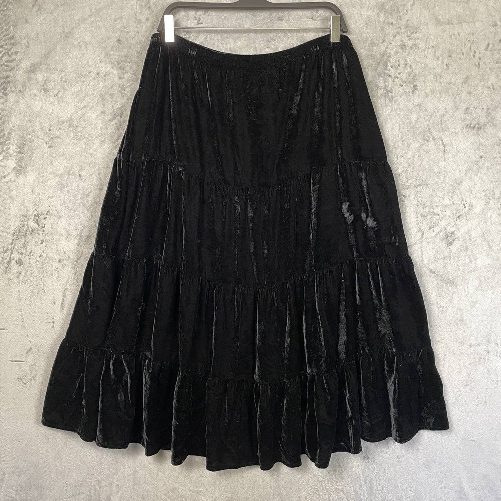 Vintage Black Crushed Velvet Tiered Midi Skirt XL Whimsigoth Boho